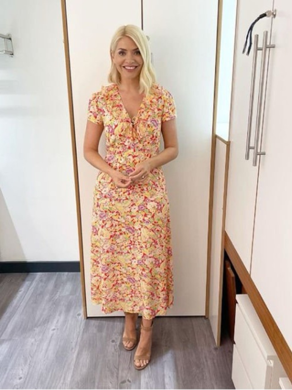 RIXO Yellow Floral Maxi Dress with Pink & Red Accents